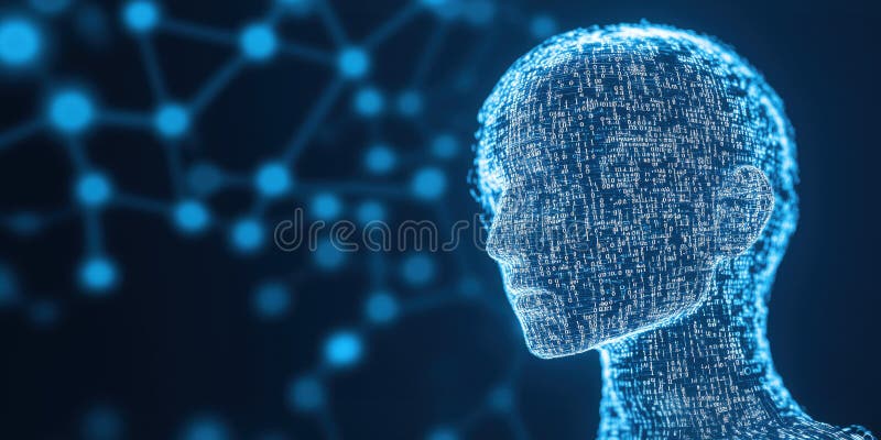 Glowing digital human head made of binary code, symbolizing artificial intelligence vector illustration