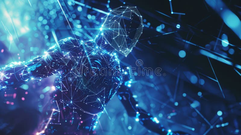 A glowing digital humanoid figure with blue light patterns and abstract shapes. Representation of AI and futuristic stock photo