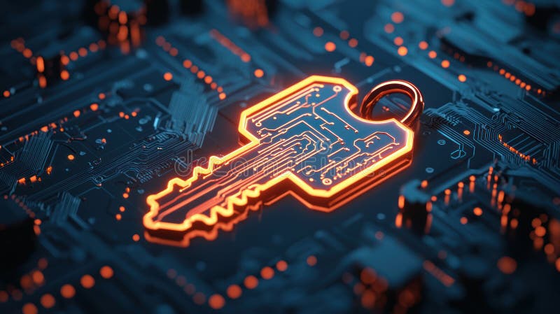 Glowing digital key with circuit patterns lies on futuristic circuit board, symbolizing cybersecurity and data stock photo