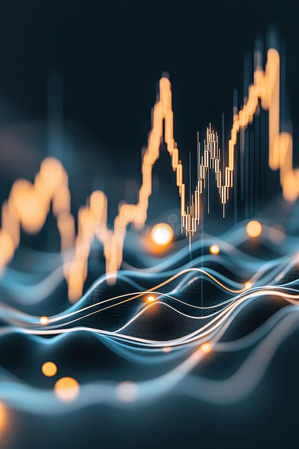 Glowing digital lines and glowing circles form a dynamic financial graph with abstract waves on a dark background representing stock images