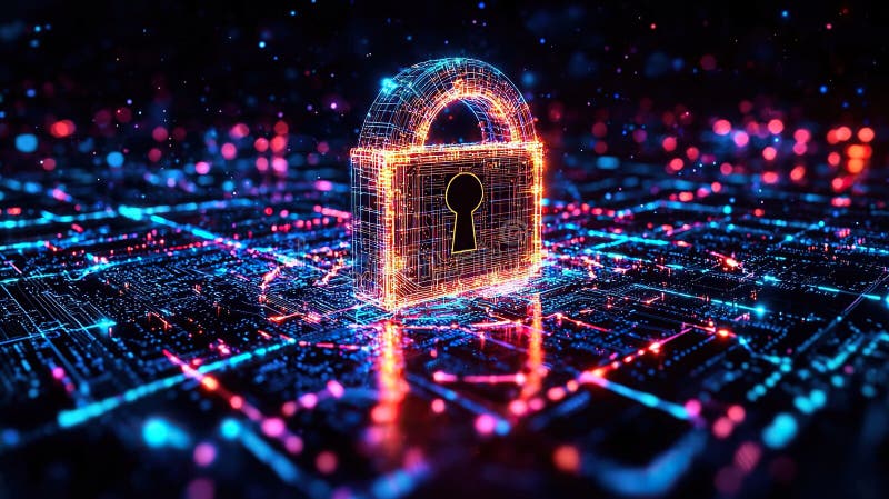 Glowing digital lock above network grid securing data vector illustration
