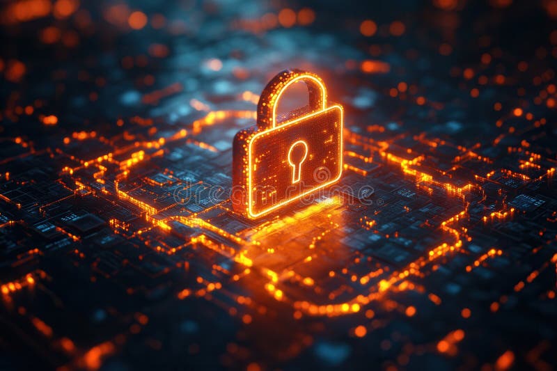 Glowing digital lock on network highlighting cybersecurity and encryption themes. stock photo