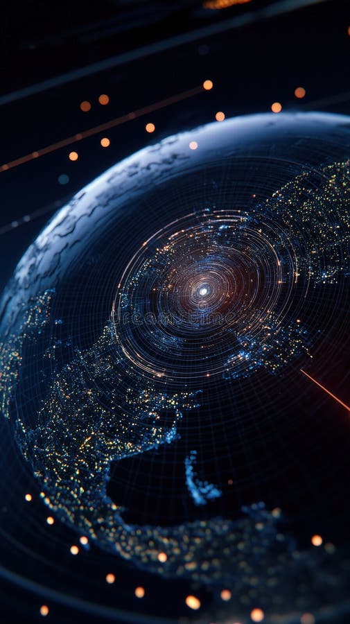 Glowing digital map of Earth surface with illuminated data points and futuristic design stock illustration