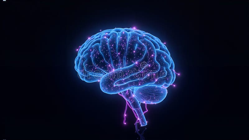 Glowing digital neon brain with neural network connections on dark background, ai concept stock illustration