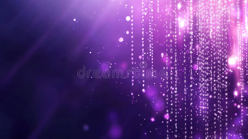 Glowing digital network with cascading binary code in purple hues stock images