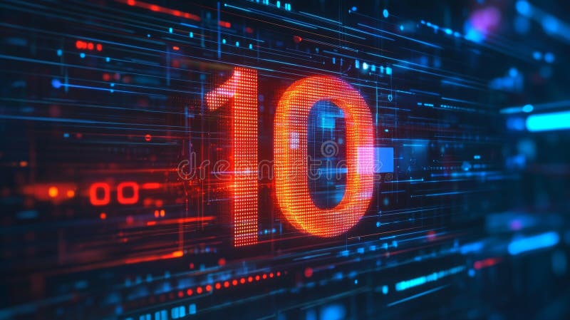Glowing Digital Number 10 on Futuristic, Abstract Technology Background, Data Concept vector illustration