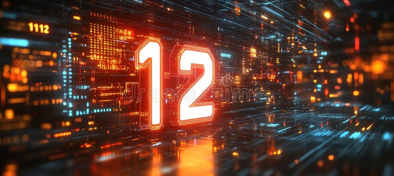 Glowing Digital Number 12 in Futuristic Style on Digital Abstract Technology Background stock illustration