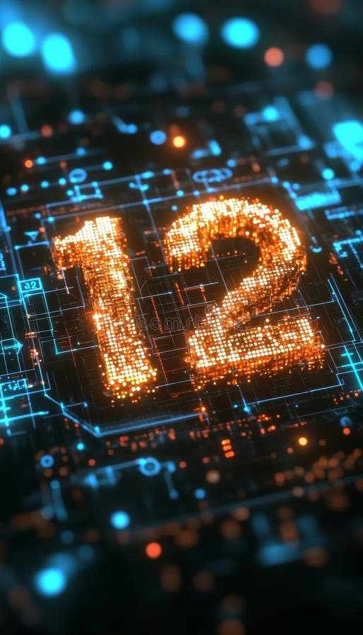 Glowing Digital Number 12 In Futuristic Style On Digital Abstract Technology Background stock illustration