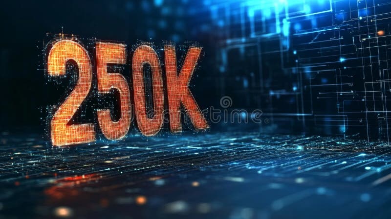 Glowing Digital Number 250K, A Futuristic Design On An Abstract Technology Background. vector illustration