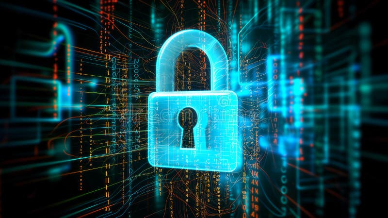 Glowing digital padlock with a dynamic data code background stock illustration