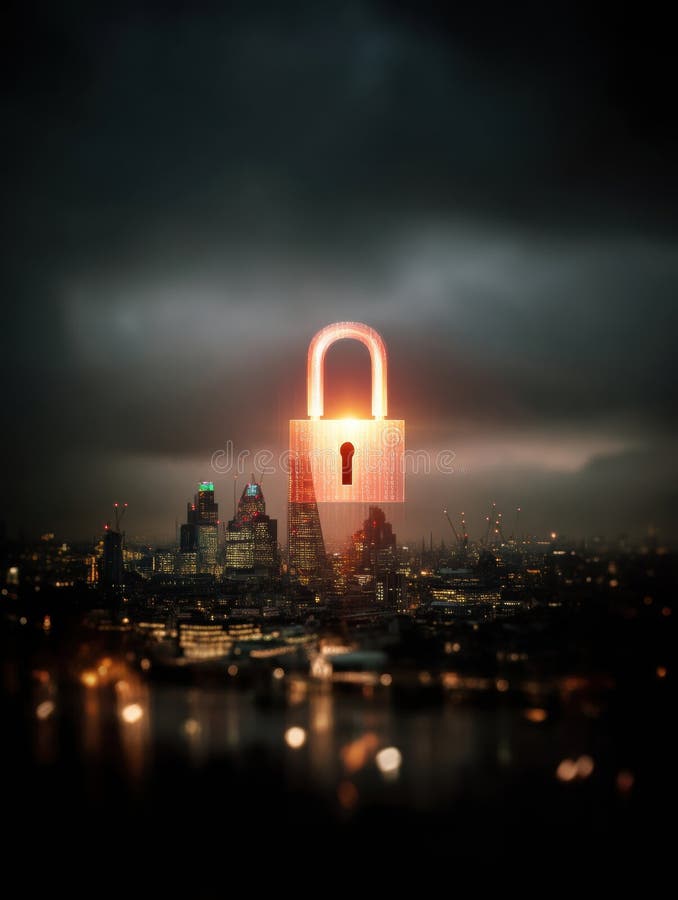 Glowing Digital Padlock Hovers Above Dark City Skyline, Symbolizing Cybersecurity and Urban Protection Generative AI royalty free stock images