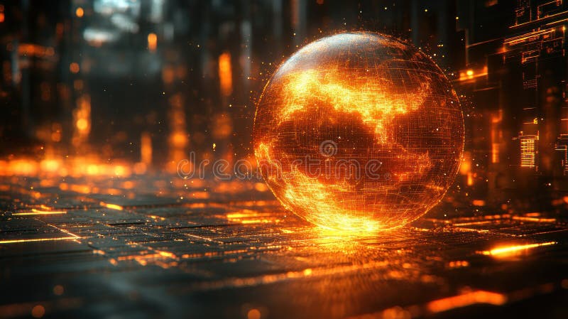 Glowing digital sphere representing network, surrounded by vibrant orange light and intricate patterns, evokes sense of royalty free stock images