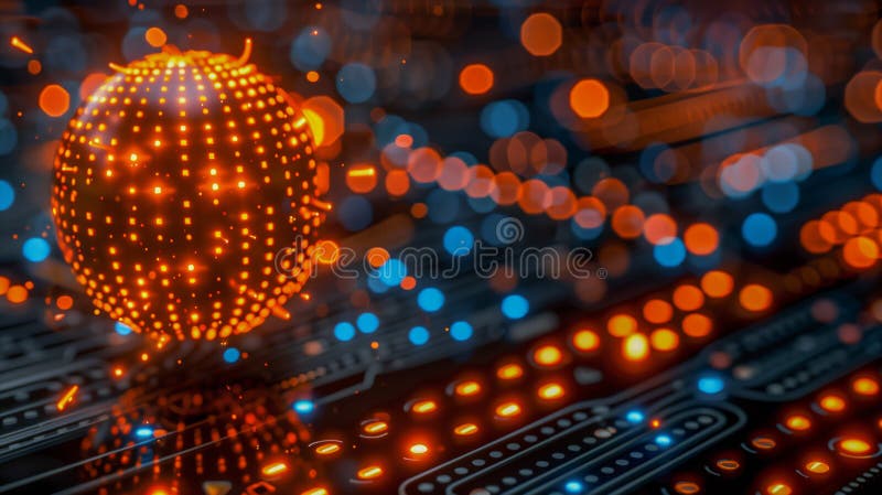 Glowing Spherical Digital Network with Orange and Blue Lights royalty free illustration