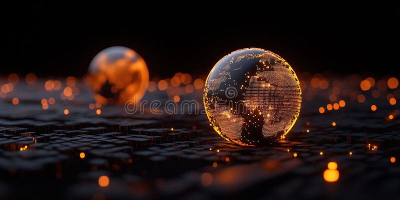 Glowing digital spheres with illuminated patterns on dark futuristic surface vector illustration