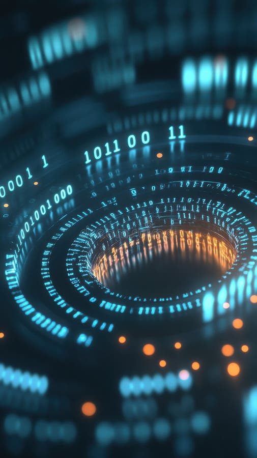 Glowing digital vortex with binary code and futuristic lights, symbolizing AI and data flow stock illustration