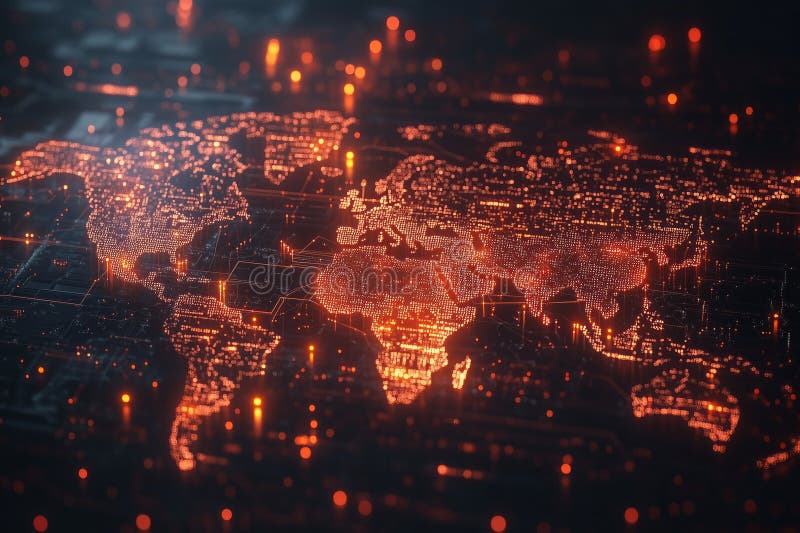 Glowing digital world map showing global connections and data flow stock illustration