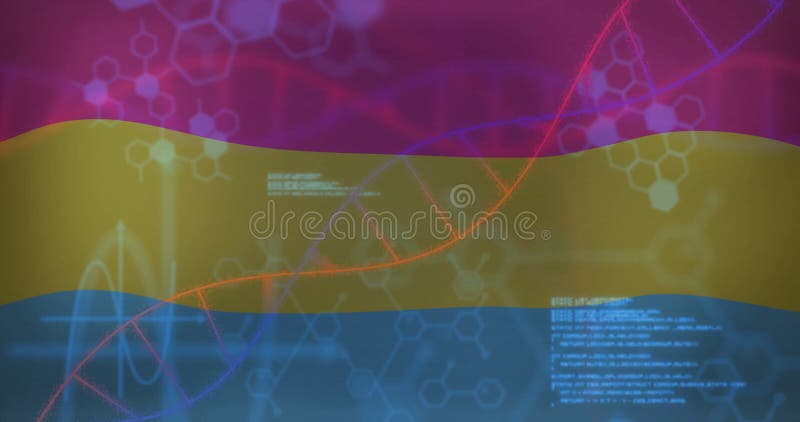 Glowing double helix DNA strand being animated in flat design, showcasing diagrams, plots, code stock footage