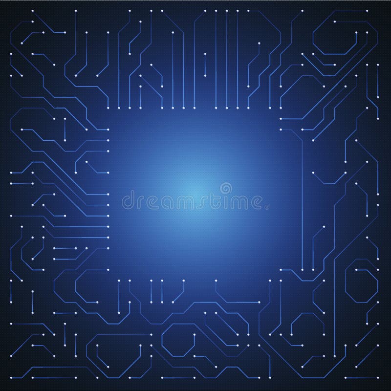 Glowing energy flow through circuit board conductors. Electronic computer hardware technology vector illustration