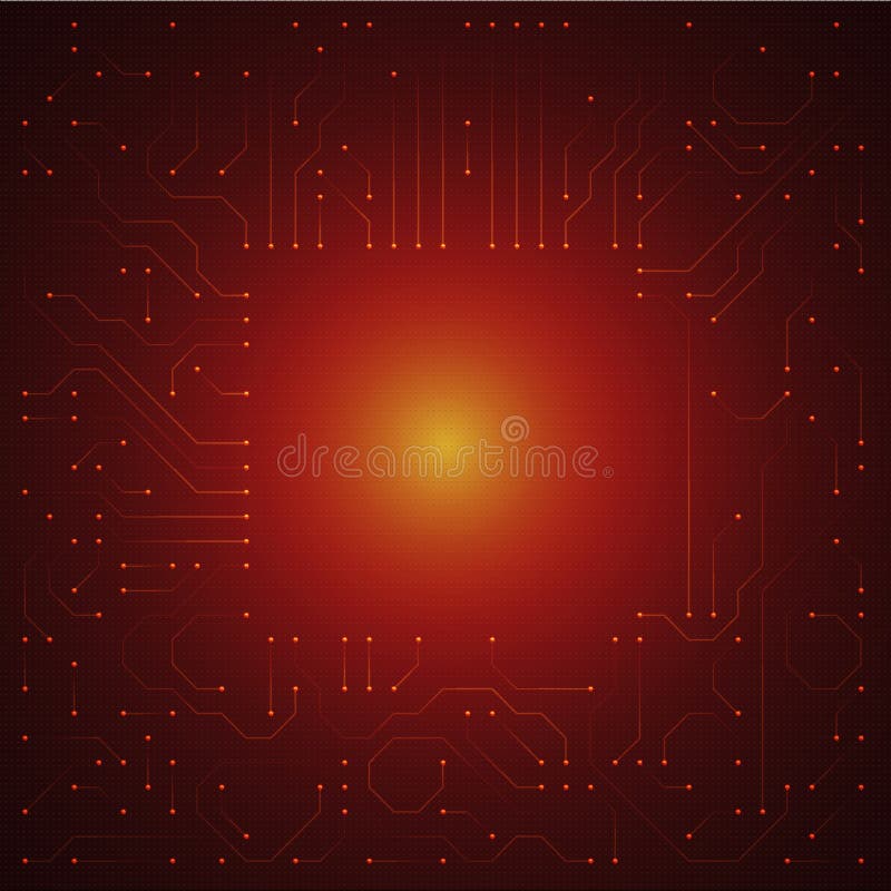 Glowing energy flow through circuit board conductors. Electronic computer hardware technology stock illustration