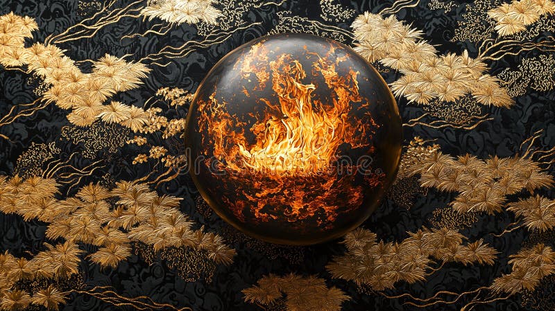 Burning flame sphere on a golden pattern background vector illustration