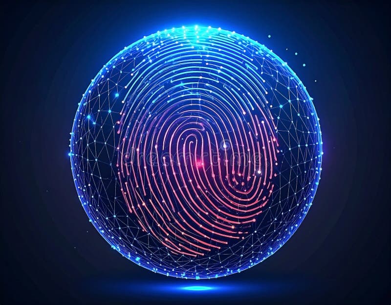 Glowing fingerprint inside blue spherical digital mesh network vector illustration