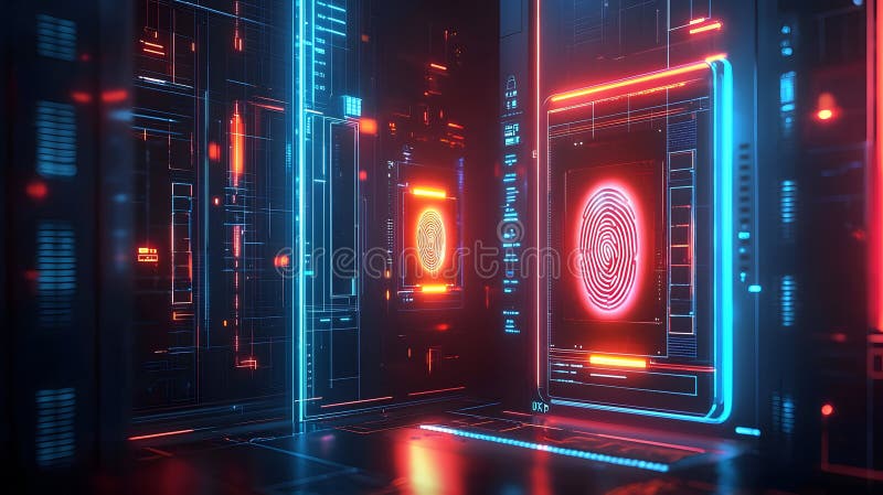 Glowing Fingerprint System in Futuristic Security Setup royalty free illustration