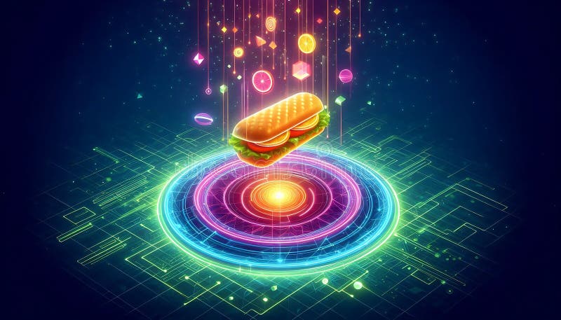 Glowing food platter floating in mid air, surrounded by neon geometric patterns and vibrant gradients vector illustration