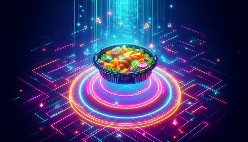 Glowing food platter floating in mid air, surrounded by neon geometric patterns and vibrant gradients vector illustration