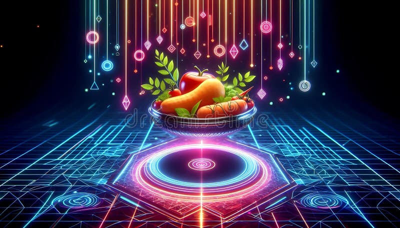 Glowing food platter floating in mid air, surrounded by neon geometric patterns and vibrant gradients royalty free illustration