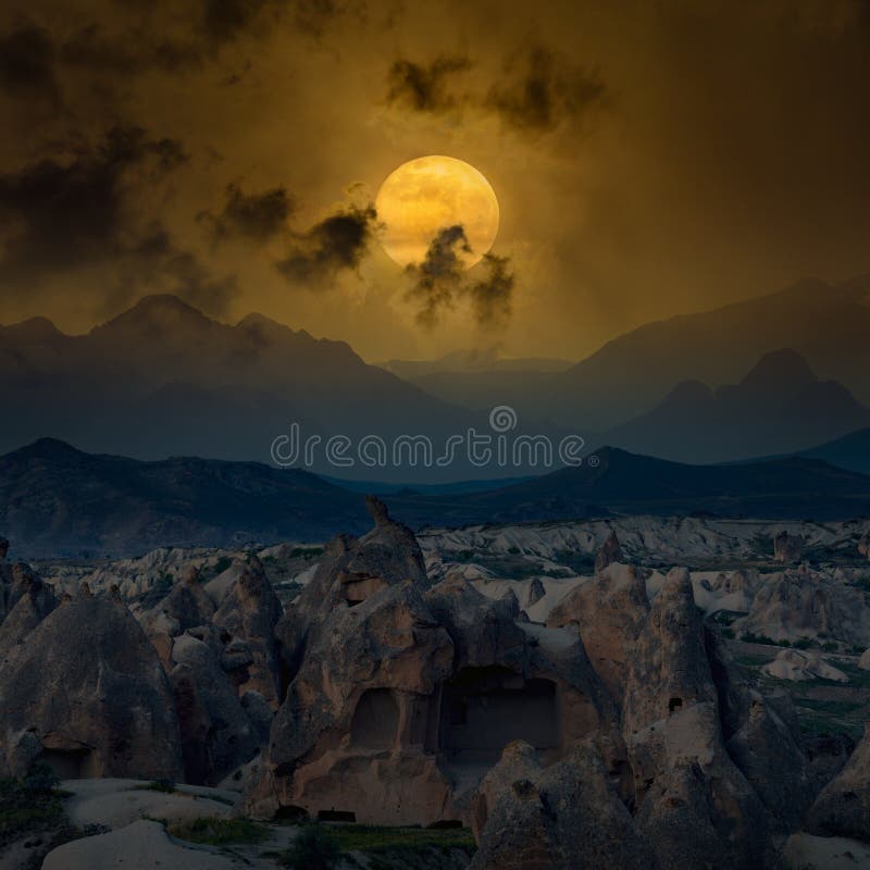 Glowing Full Moon Rises Above Mountains Stock Photo Image Of Dark