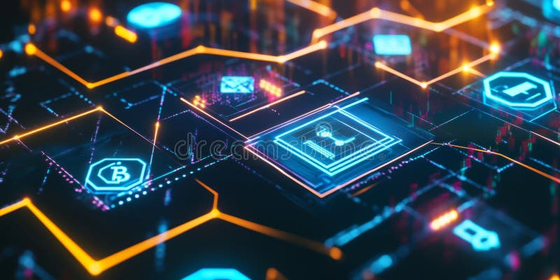 A glowing futuristic AI-driven cryptocurrency trading system, featuring cybernetic blockchain royalty free stock photo