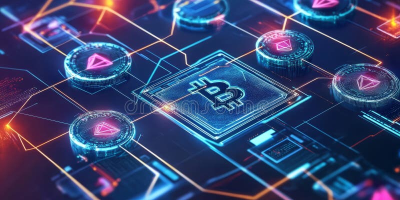 A glowing futuristic AI-driven cryptocurrency trading system, featuring cybernetic blockchain stock photo