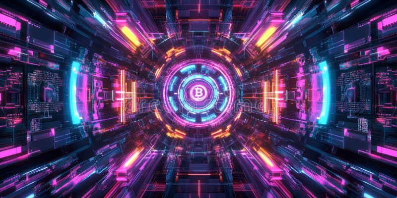 A glowing futuristic AI-driven cryptocurrency trading system, featuring cybernetic blockchain royalty free stock images