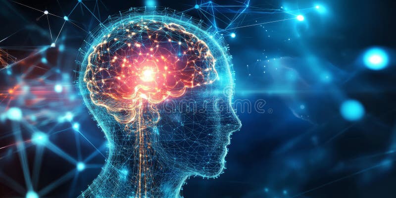 A glowing futuristic AI-driven cybernetic organism interface, displaying glowing biomechanical stock photography