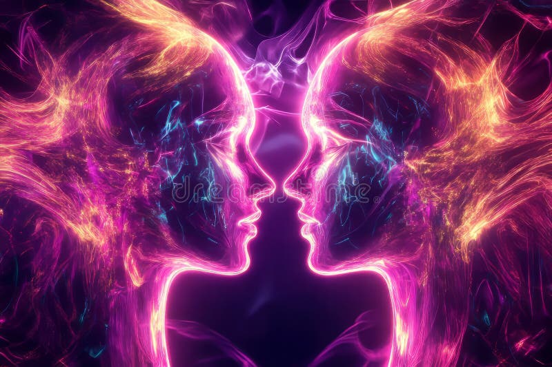 A glowing futuristic AI-driven digital twin, composed of swirling cybernetic energy trails stock image