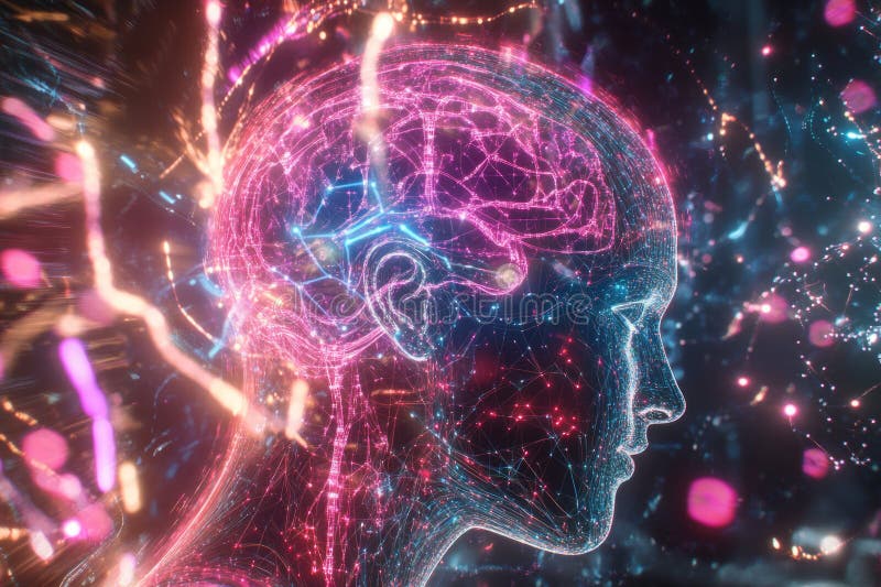 A glowing futuristic AI-driven digital twin, composed of swirling cybernetic energy trails stock photo