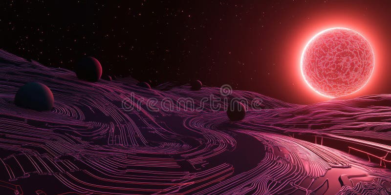 A glowing futuristic AI-driven exoplanet exploration system, displaying cybernetic planetary mapping stock images