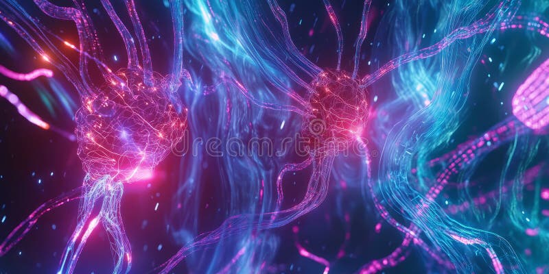 A glowing futuristic AI-driven neural prosthetics lab, displaying cybernetic brain-machine interface royalty free stock photo