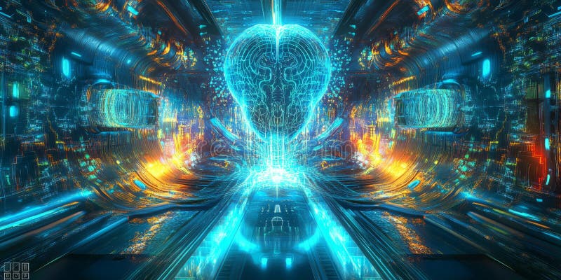 A glowing futuristic AI-driven neural prosthetics lab, displaying cybernetic brain-machine interface royalty free stock image