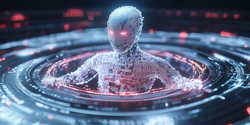 Glowing futuristic AI humanoid surrounded by digital interface, radiating intelligence royalty free illustration