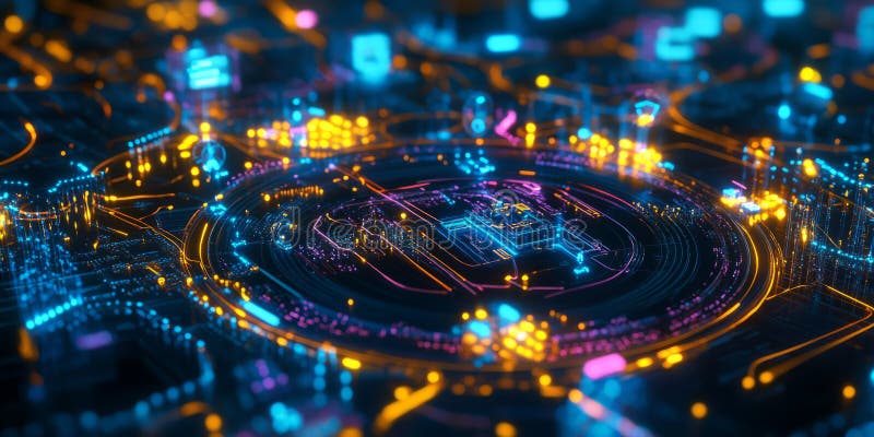 A glowing futuristic AI-powered autonomous disaster relief coordination center, featuring cybernetic stock photography