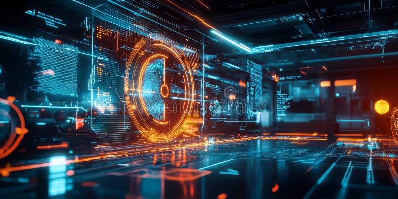 A glowing futuristic AI-powered autonomous disaster relief coordination center, featuring cybernetic royalty free stock image