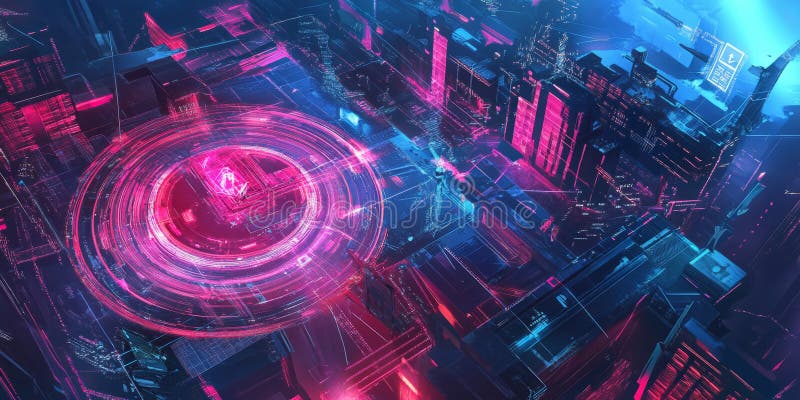 A glowing futuristic AI-powered autonomous disaster relief coordination center, featuring cybernetic royalty free stock image