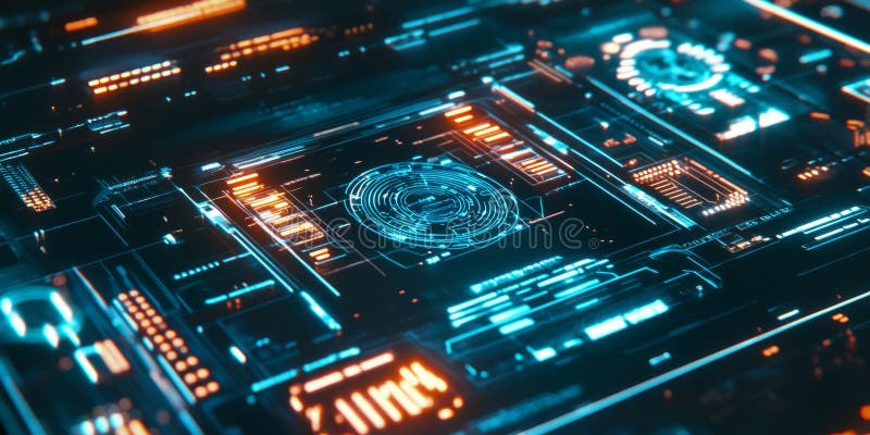 A glowing futuristic AI-powered biometric scanner, displaying intricate holographic facial stock image