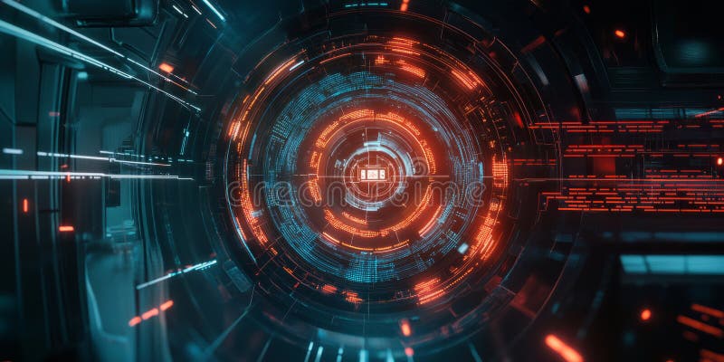A glowing futuristic AI-powered biometric scanner, displaying intricate holographic facial stock photo