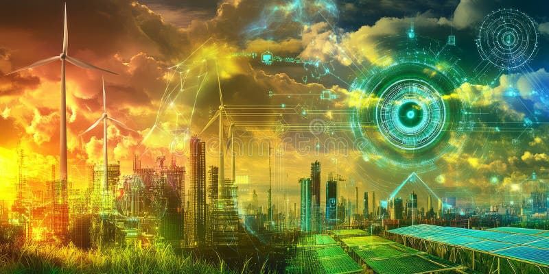 A glowing futuristic AI-powered climate engineering system, featuring cybernetic weather stock image
