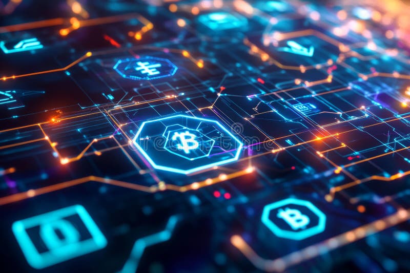 A glowing futuristic AI-powered financial network, featuring cybernetic cryptocurrency transactions stock photos