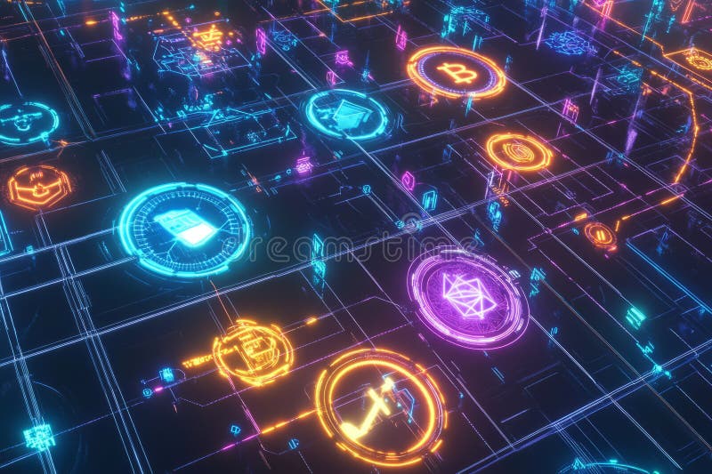 A glowing futuristic AI-powered financial network, featuring cybernetic cryptocurrency transactions stock photos