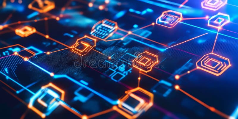 A glowing futuristic AI-powered financial security system, featuring cybernetic blockchain royalty free stock photography