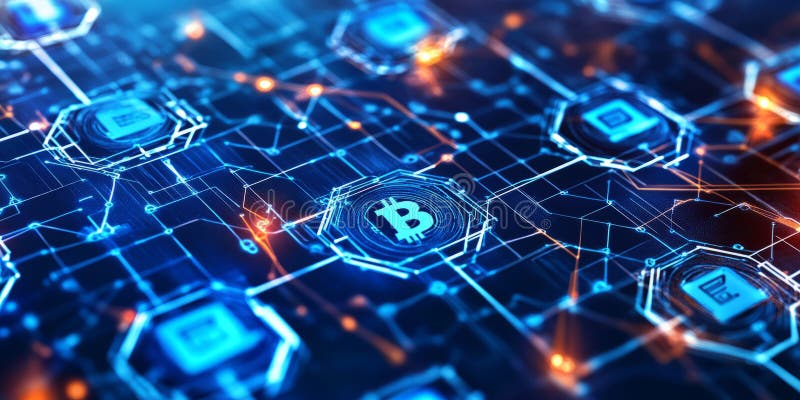 A glowing futuristic AI-powered financial security system, featuring cybernetic blockchain royalty free stock images